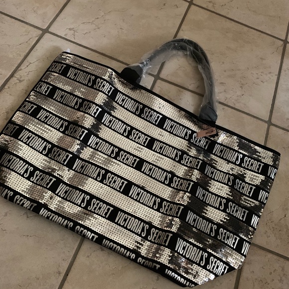 PINK Victoria's Secret Handbags - NWT! Victoria Secret Silver Sequin Stripe Tote